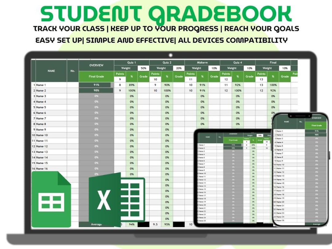 Teacher Gradebook Template Excel Google Sheets Student Grade Tracker ...