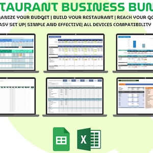 May include: Image of six laptops displaying spreadsheets with financial data, charts, and tables. The text at the top reads "RESTAURANT BUSINESS BUNDLE" and includes phrases like "ORGANIZE YOUR BUDGET" and "REACH YOUR GOALS". Below are icons for Excel and Google Sheets.