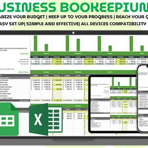 Peut inclure: Un ordinateur portable, une tablette et un smartphone affichent une feuille de calcul de comptabilité d'entreprise avec des accents verts et jaunes. L'image comprend le texte "BUSINESS BOOKKEEPING" et "ORGANIZE YOUR BUDGET | KEEP UP TO YOUR PROGRESS | REACH YOUR GOALS".