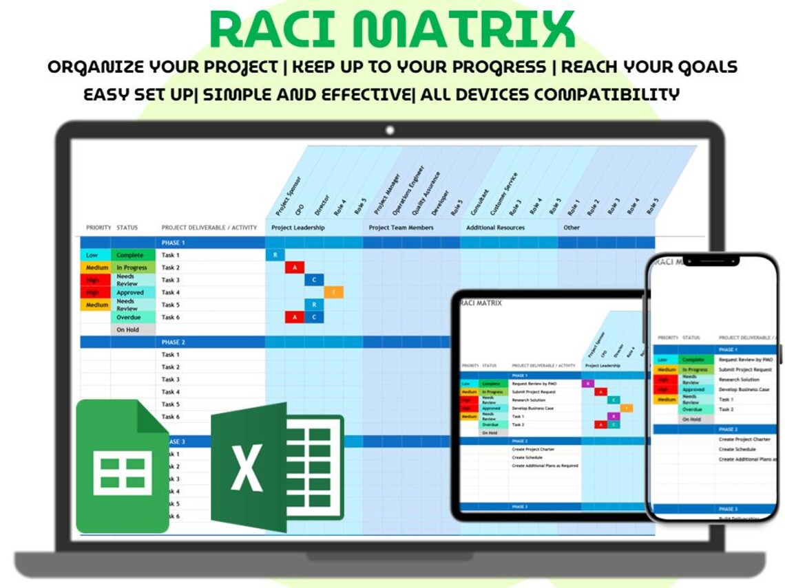 RACI Matrix Template Excel Google Sheets Project Management Tracker ...
