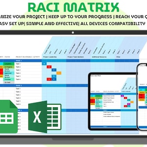 May include: A digital RACI matrix displayed on a laptop, tablet, and smartphone. The matrix is a project management tool with color-coded sections and the text "RACI MATRIX" at the top. The image also includes Excel and Google Sheets icons.