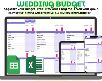 Planificador de presupuesto de boda en hoja de cálculo de Google Sheets o Excel: organizador de gastos en una sola hoja para la planificación y el presupuesto de la boda de los novios.