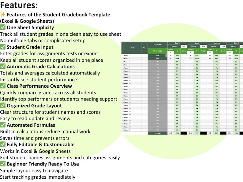 Teacher Gradebook Template Excel Google Sheets Student Grade Tracker ...