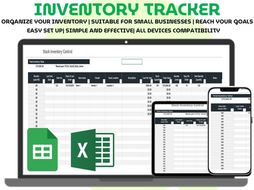 Inventory Stock Tracker Spreadsheet Excel Google Sheets Small Business ...