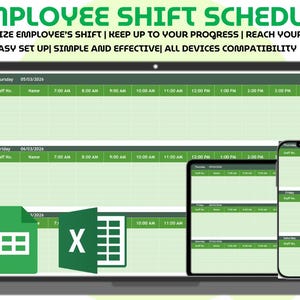 May include: An employee shift schedule digital template displayed on a laptop, tablet, and smartphone. The screen shows a green and white spreadsheet grid with time slots and dates. Icons for spreadsheet software are visible in the bottom left corner.