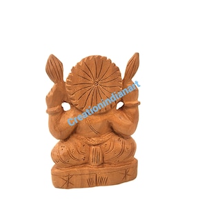 Carved Wooden Lord Ganesha Statue: 3-Inch Hindu God Idol