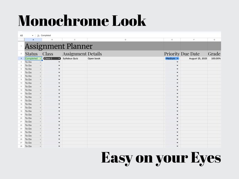 Picture of a Google Sheets spreadsheet screenshot. The words monochrome look and easy on your eyes appear above and below the screenshot respectively. Spreadsheet is grey and is an assignment planner for college students with column headers that say status, class, assignment, priority, due date and grade