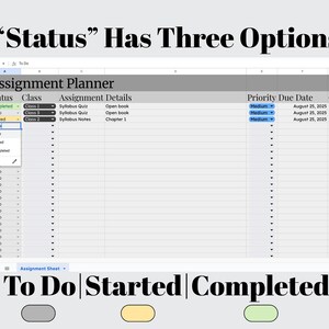 May include: Screenshot of a digital assignment planner with the text "Status" Has Three Options. The planner shows columns for status, class, assignment details, priority, due date, and grade. The status options are To Do, Started, and Completed.