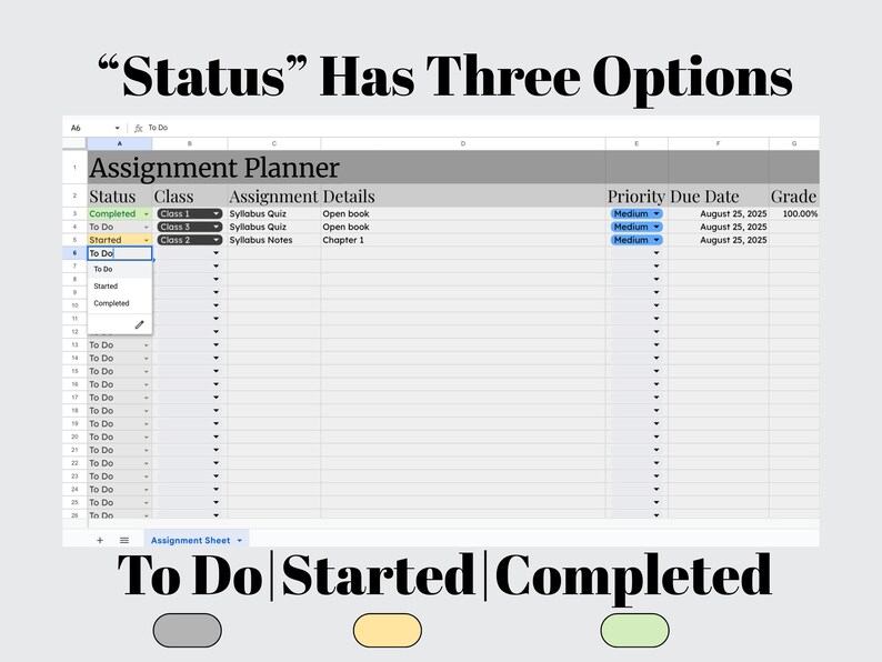 May include: Screenshot of a digital assignment planner with the text "Status" Has Three Options. The planner shows columns for status, class, assignment details, priority, due date, and grade. The status options are To Do, Started, and Completed.