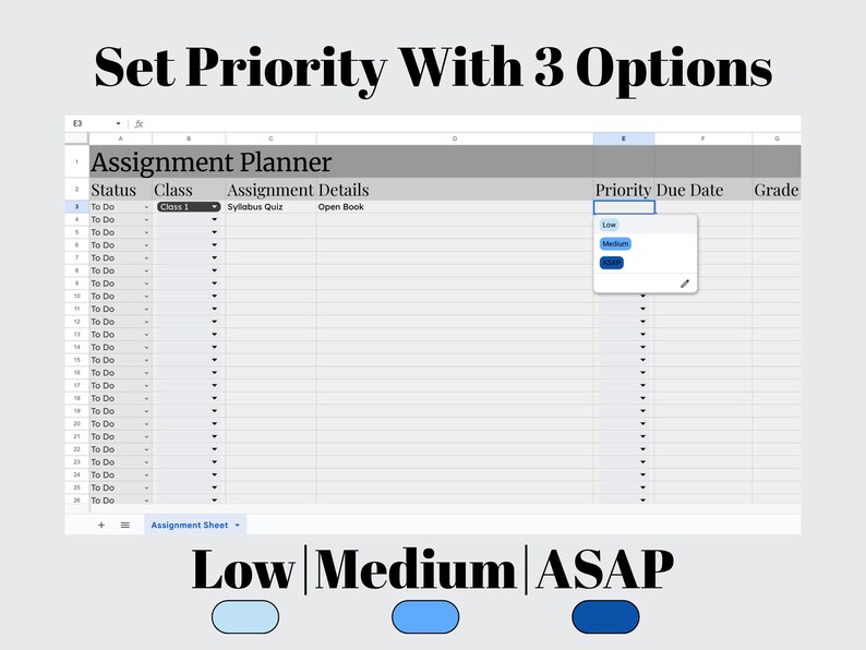 May include: Screenshot of a digital assignment planner with the text "Set Priority With 3 Options." The planner shows options for low, medium, and ASAP priority levels. The text "Assignment Planner" is at the top.