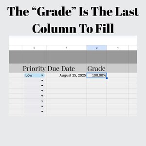May include: An image of a spreadsheet with the text "The 'Grade' Is The Last Column To Fill" at the top. The spreadsheet shows columns for Priority, Due Date, and Grade, with a grade of 100.00% entered.