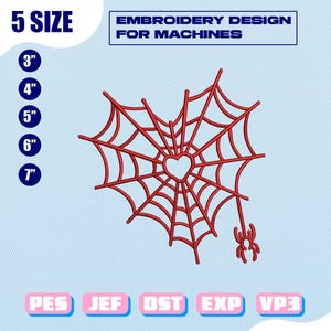 May include: Red spiderweb embroidery design for machines, featuring a heart in the center and a spider hanging below. Available in 5 sizes, from 3" to 7". The design is compatible with PES, JEF, DST, EXP, and VP3 formats.