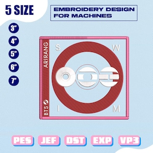 May include: An embroidery design for machines, featuring a red circular design with white accents, set within a pink square frame. The design is labeled "ARIRANG" and "BTS". Sizes are listed from 3" to 7".