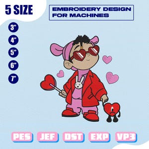 Può includere: Un disegno di ricamo per macchine con un personaggio dei cartoni animati in abito rosa e giacca rossa, con occhiali da sole a forma di cuore. Il disegno include un lecca-lecca a forma di cuore e un personaggio a forma di cuore. Misure da 7.6 cm a 17.8 cm.