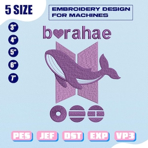 Ricamo con disegno di una balena viola, decorazione artistica Borahae (download digitale)