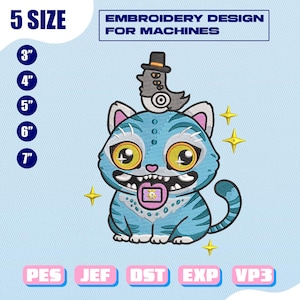 Può includere: Un disegno di ricamo per macchine con un gatto blu dei cartoni animati con grandi occhi gialli e un uccello con un cappello. Disponibile in 5 misure, da 7,6 cm a 17,8 cm di altezza. Testo: "EMBROIDERY DESIGN FOR MACHINES".