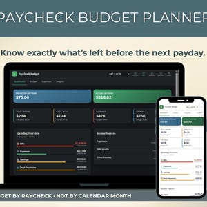 May include: A digital Paycheck Budget Planner displayed on a laptop screen and a smartphone. The interface features a dark theme with colorful data cards showing projected and actual leftover amounts, total income, bills, expenses, and savings.