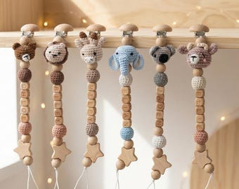 Handmade Crochet Animal Pacifier Clip, Personalized Baby Name Soother Holder, Soft Dummy Clip, Neutral Newborn Baby Keepsake Gift