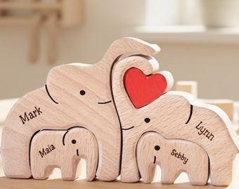 Personalized Elephant Family Puzzle, Custom Wooden Elephant Puzzle with Name, Family Gift, Anniversary Gift for Her, Gift for Mom