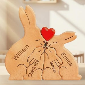 Wooden Family Name Rabbit Puzzle, Personalized Bunny Puzzle with Names, Family Gift for Parents, Anniversary Gift, Personalized Home Decor