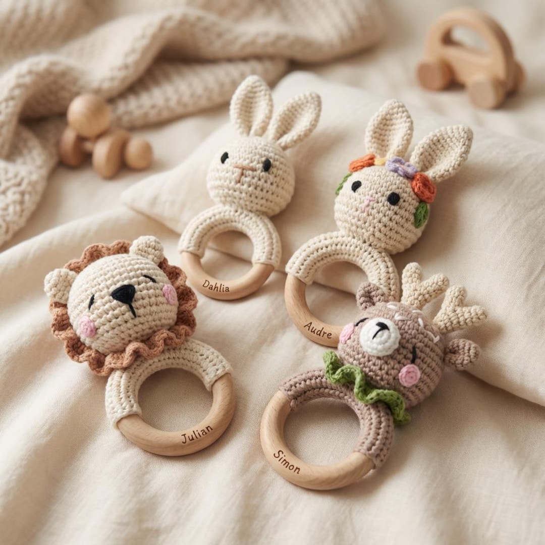 Crochet Baby Rattle, Wooden Teething Ring, Animal Rattle With Baby Name ...