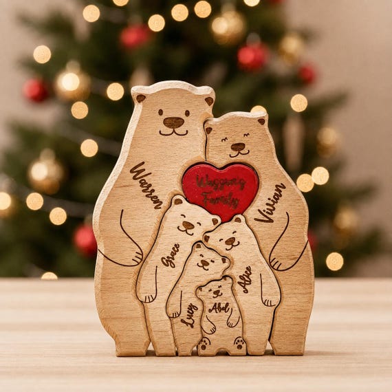 A wooden family puzzle where each piece is a bear shaped figure with a family member's name — 232 favorites don't lie, this is the rare Etsy keepsake that's actually charming.