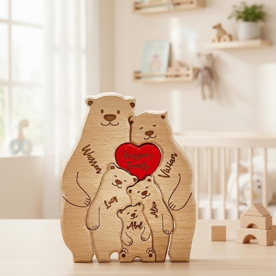 A wooden family puzzle where each piece is a bear shaped figure with a family member's name — 232 favorites don't lie, this is the rare Etsy keepsake that's actually charming.