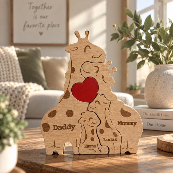 Personalized Giraffe Family Puzzle, Custom Name Wooden Puzzle, Family Gift for Mom Dad, Baby Shower Gift, Christmas Fami