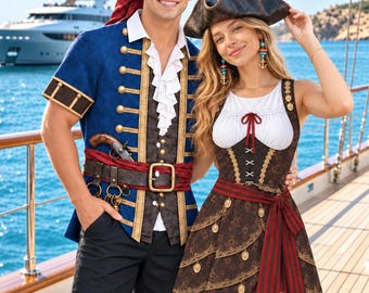 Caribbean Pirate Costume Matching Outfit, Men Hawaiian Shirt, Women Tennis Dress, Halloween Cosplay Buccaneer Theme Park Cruise Wear
