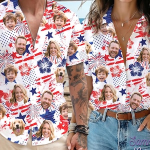 May include: Matching short-sleeve shirts with a patriotic design. The shirts feature a white background with red and blue accents, including stars, fireworks, and floral patterns. Faces of people and a dog are printed on the shirts. The shirts have a zipper and button-down closure.