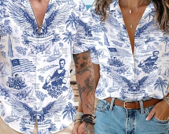 America 250th Anniversary Hawaiian Shirt, 1776-2026 Vintage Blue Toile Patriotic Button Down, 4th of July Couple Matching Vacation Outfits