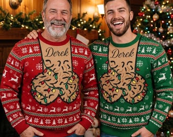 Pull de Noël moche à grelots, sweat-shirt tricoté personnalisé avec nom, cadeau rigolo pour homme (petit ami, mari, papa).