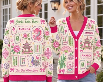 Retro Mahjong Custom Name Cardigan Sweater, Chinoiserie Tile Knitwear, Grandmillennial Preppy Style, Game Night Women Mahjong Lover Gift