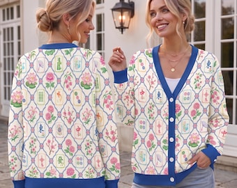 Mahjong Cardigan Sweater, Chinoiserie Floral Tile Print Knitwear, Retro Asian Aesthetic Outfit, Women Game Night Mahjong Lover Gift