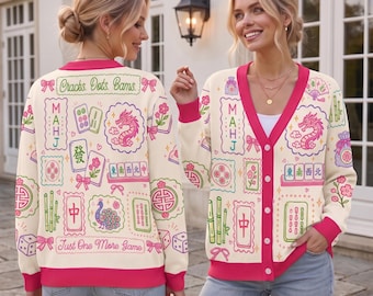 Retro Mahjong Cardigan Wool Sweater, Chinoiserie Tile Pattern Knitwear, Asian Art Game Night Outfit, Aesthetic Pink Mahjong Lover Gift