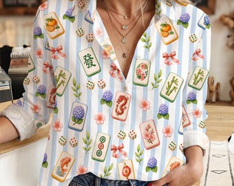 Blusa/camisa retro para mujer con diseño de mahjong, camisa abotonada con estampado floral chinoiserie, top de rayas azules con motivos asiáticos, regalo ideal para amantes de las noches de juegos.