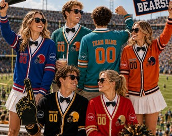 Personalized Football Team Cardigan, Custom Logo Varsity Sweater, Game Day Name Number Knitwear, Custom Mascot Sports Gift For Fan