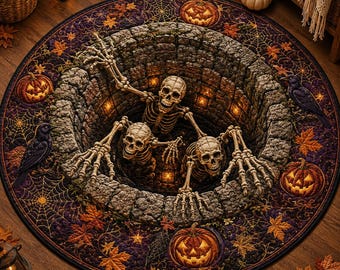 3D Skeleton Optical Illusion Round Rug, Creepy Bottomless Pit Mat, Gothic Haunted House Decor, Autumn Pumpkin Halloween Area Floor Carpet