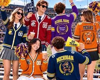 Vintage College Football Cardigan Sweater, Custom School Mascot Wool Knitwear, Game Day Varsity Button Up, Sports Fan Tailgate Gift