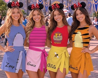 Halloween Pooh Costume Tennis Dress Skirt, Custom Name Wrap Skort, Tigger Piglet Eeyore Adult Women Outfit, Theme Park Girls Trip Apparel