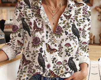 Gothic Raven Blouse Women, Vintage Botanical Button Down Shirt, Dark Cottagecore Whimsigoth Top, Witchy Long Sleeve Spooky Season Apparel