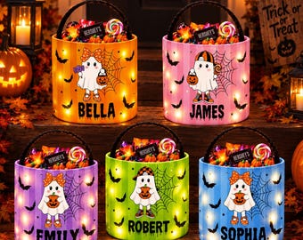 Custom LED Light Up Halloween Bucket, Personalized Trick or Treat Bag, Cute Ghost Boo Basket for Kids, Toddler Candy Bucket