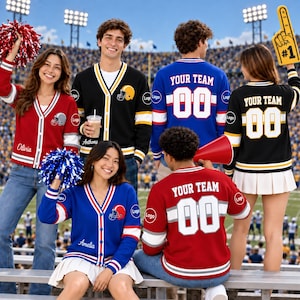 May include: A group of people wearing custom sports apparel including red, black, and blue button-up cardigans and jerseys. The clothing features text like Your Team, names like Olivia, Anthony, and Amelia, and football helmet graphics.