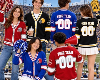 Personalized College Cardigan, Custom Logo Varsity Sweater, Game Day Team Name Number Knitwear, School Spirit University Sports Fan Gift
