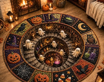 3D Illusion Ghost Staircase Quilted Rug, Spooky Optical Illusion Round Carpet, Haunted House Pumpkin Mat, Gothic Halloween Home Decor
