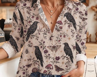 Vintage Raven Floral Blouse Shirt, Botanical Bird Button Up Top, Dark Cottagecore Nature Blouse, Gothic Crow Lover Gift Women