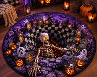 3D Illusion Skeleton Halloween Quilted Rug, Spooky Graveyard Round Rug, Ghost Pumpkin Floor Mat, Gothic Horror Room Decor, Creepy Mat