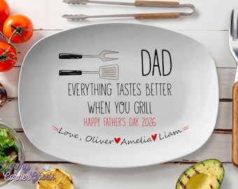 Custom BBQ Grilling Plate for Dad, Personalized Father's Day Serving Platter from Kids, Grill Master Meat Tray, Funny Summer Cookout Gift