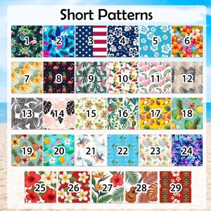 K&ouml;nnte beinhalten: Ein Raster aus 29 nummerierten quadratischen Stoffmustern mit tropischen, floralen und geometrischen Designs. Die Sammlung enth&auml;lt Motive von Flamingos, Ananas, Hibiskusbl&uuml;ten, Palmbl&auml;ttern, Ukulelen und der amerikanischen Flagge, beschriftet als Short Patterns.