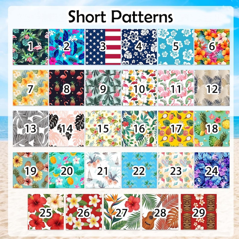 K&ouml;nnte beinhalten: Ein Raster aus 29 nummerierten quadratischen Stoffmustern mit tropischen, floralen und geometrischen Designs. Die Sammlung enth&auml;lt Motive von Flamingos, Ananas, Hibiskusbl&uuml;ten, Palmbl&auml;ttern, Ukulelen und der amerikanischen Flagge, beschriftet als Short Patterns.